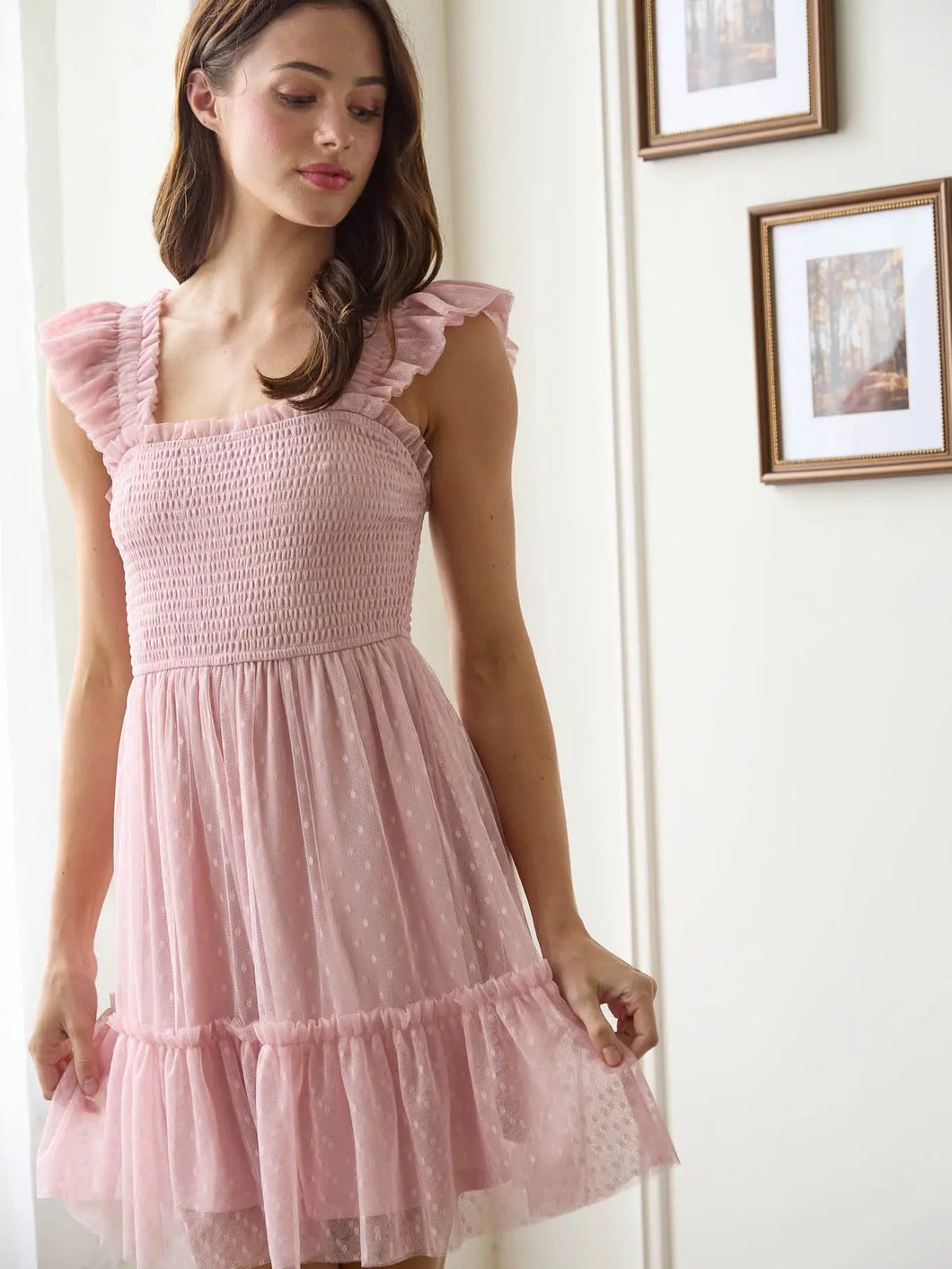 Polka Dot Chiffon Smocked Ruffle Detail Mini Dress