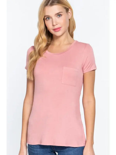 Pink Short Sleeve Crew Neck Rayon Spandex Jersey Basic Tshirt