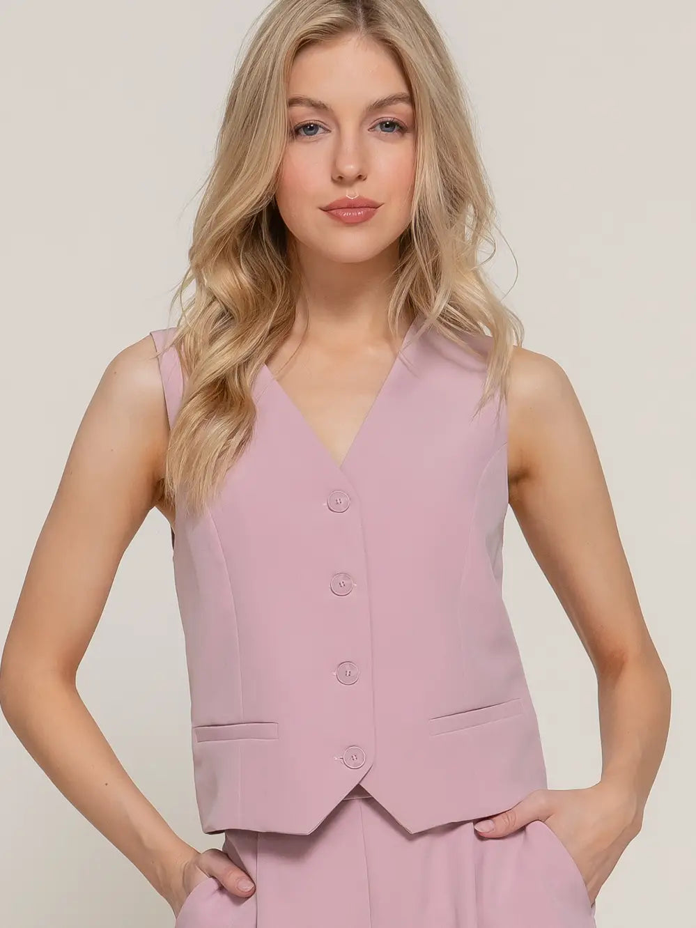 Pink V-Neckline with Front Button Closure Vest