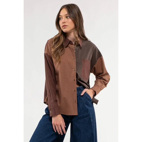 Women's Plaid Colorblock Button Down Top