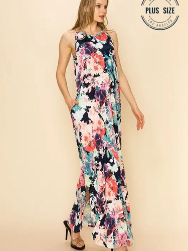 Plus Size Floral Sleeveless Maxi Dress with Pockets
