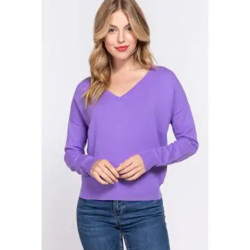 Purple Long Sleeve V-Neck Back Cross Strap Viscose Sweater