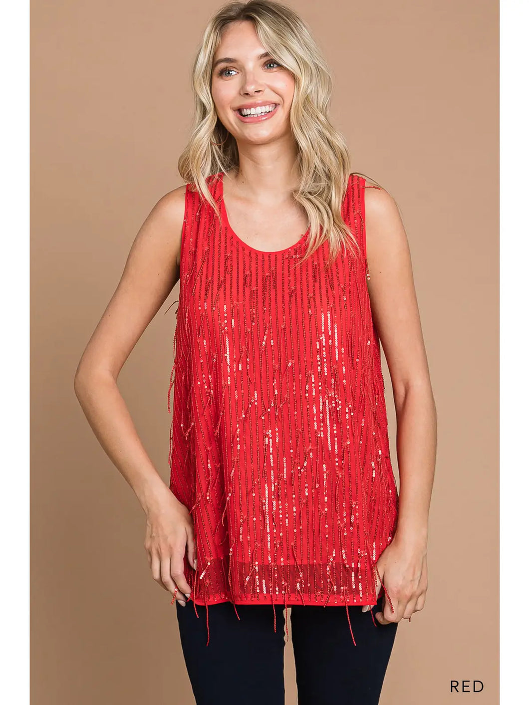 Women's Red Sequin Sleeveless Top - Athena's Fashion Boutique