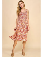Load image into Gallery viewer, Red Floral Smocked Bodice Tie Front Midi Dress - Athena&#39;s Fashion Boutique
