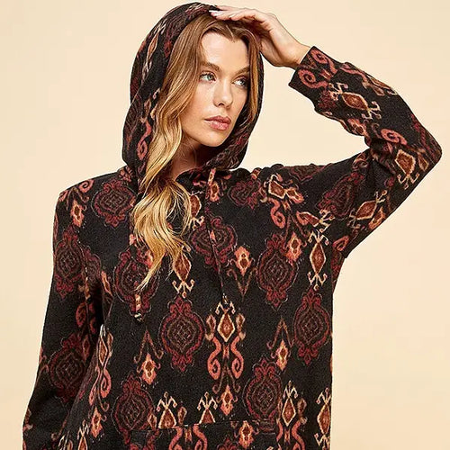 Women Simple Retro Print Soft Hoodie