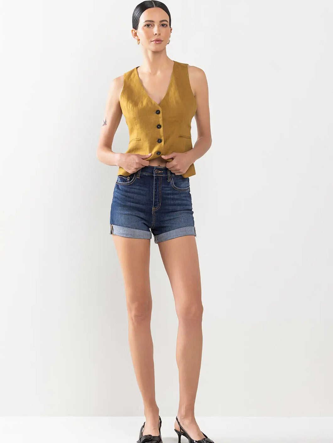 Dark Denim Classic High Rise Jean Shorts with Rolled Cuff 