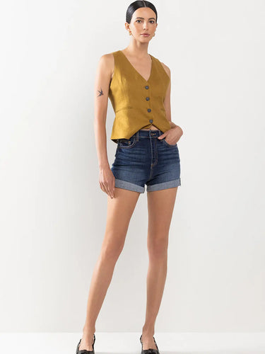 Dark Denim Classic High Rise Jean Shorts with Rolled Cuff 