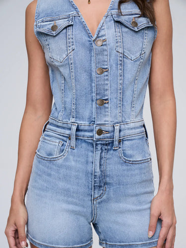 Women's Denim Stretch Sleeveless Button Romper with Cuff Hem