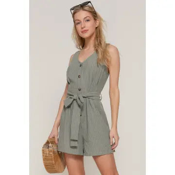 Olive Sleeveless V-Neck with Button Down Striped Linen Effect Romper