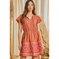 Rust Embroidered Cinched Waist Mini Dress - Athena's Fashion Boutique