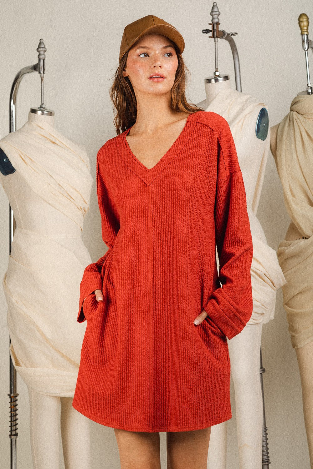 Rust Textured Long Sleeve Knit Dress with Pockets