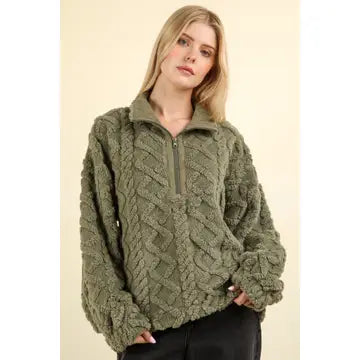 Green Plus Fuzzy Fleece Cozy Cable Pattern Henley Top