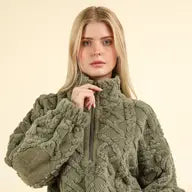 Load image into Gallery viewer, Green Plus Fuzzy Fleece Cozy Cable Pattern Henley Top
