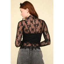 Load image into Gallery viewer, Black High Neck Fitted Sheer Mesh Lace Knit Top
