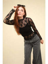 Load image into Gallery viewer, Black High Neck Fitted Sheer Mesh Lace Knit Top
