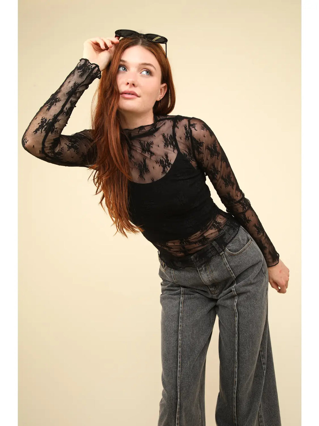 Black High Neck Fitted Sheer Mesh Lace Knit Top