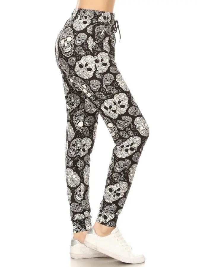 Buttery Soft Black and White Skull Print Joggers with Drawstring