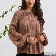 Load image into Gallery viewer, Brown Stripe Peasant Blouse
