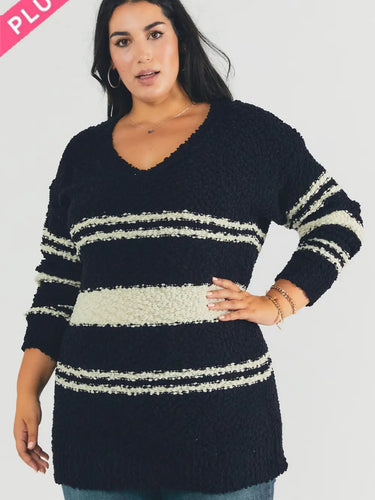 Plus Stripe V Neck Long Sleeve Sweater - Athena's Fashion Boutique