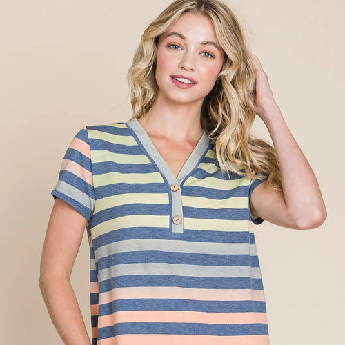 Women's Tshirt Button V-Neck Stripe Top