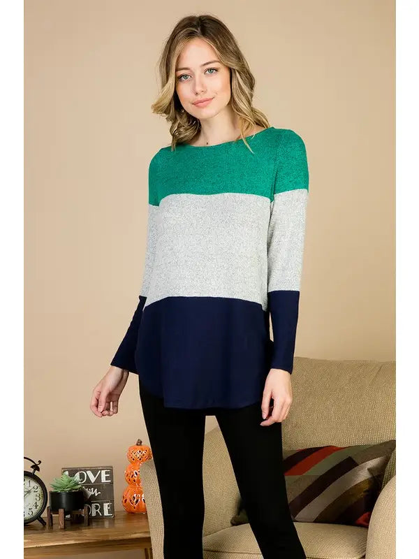 Emerald Gray and Navy  Long Sleeve Stripe Sweater