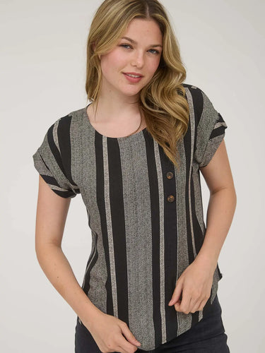 Black Stripe Side Button Down Short Cuff Sleeve Top