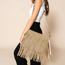 Load image into Gallery viewer, Tan Sadie Suede Fringe Crossbody with Guitar Strap
