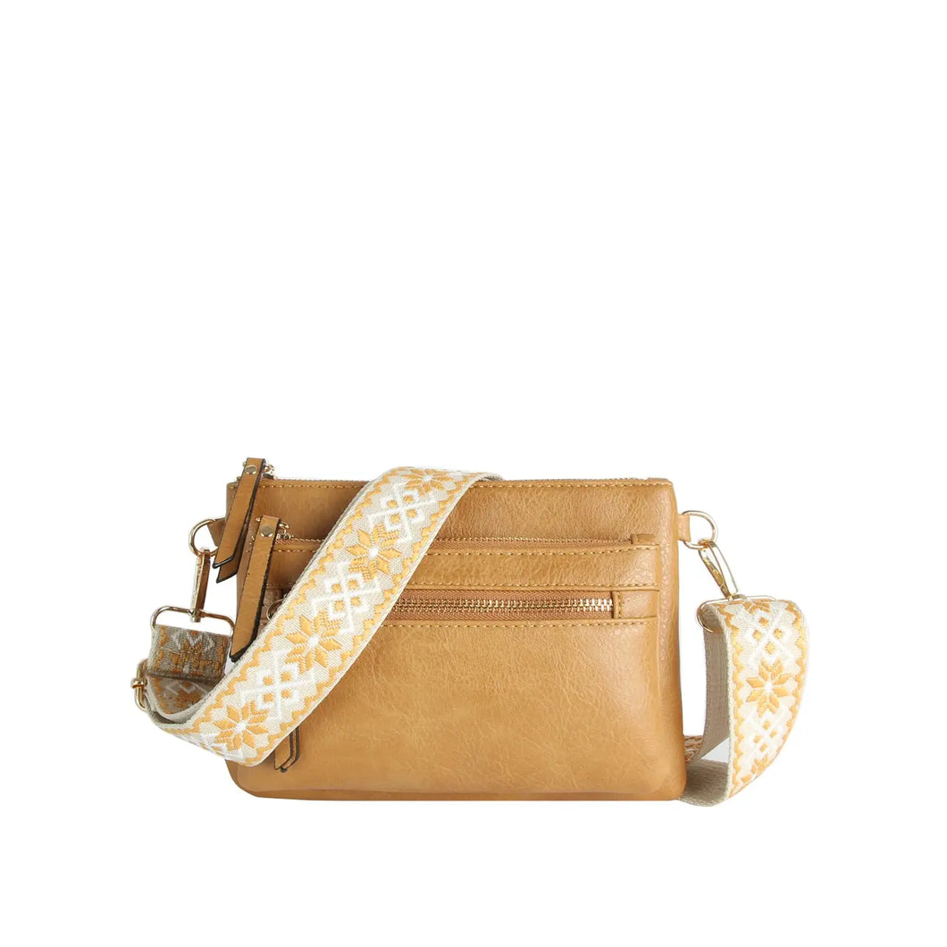 Tan Multi Zip Pocket Crossbody with Guitar Strap