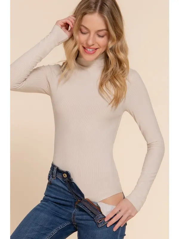 Taupe Long Sleeve Turtle Neck Rayon Rib Bodysuit