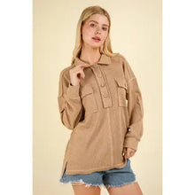 Load image into Gallery viewer, Taupe Plus Size Collared Button Down Henley Knit Top W Pockets
