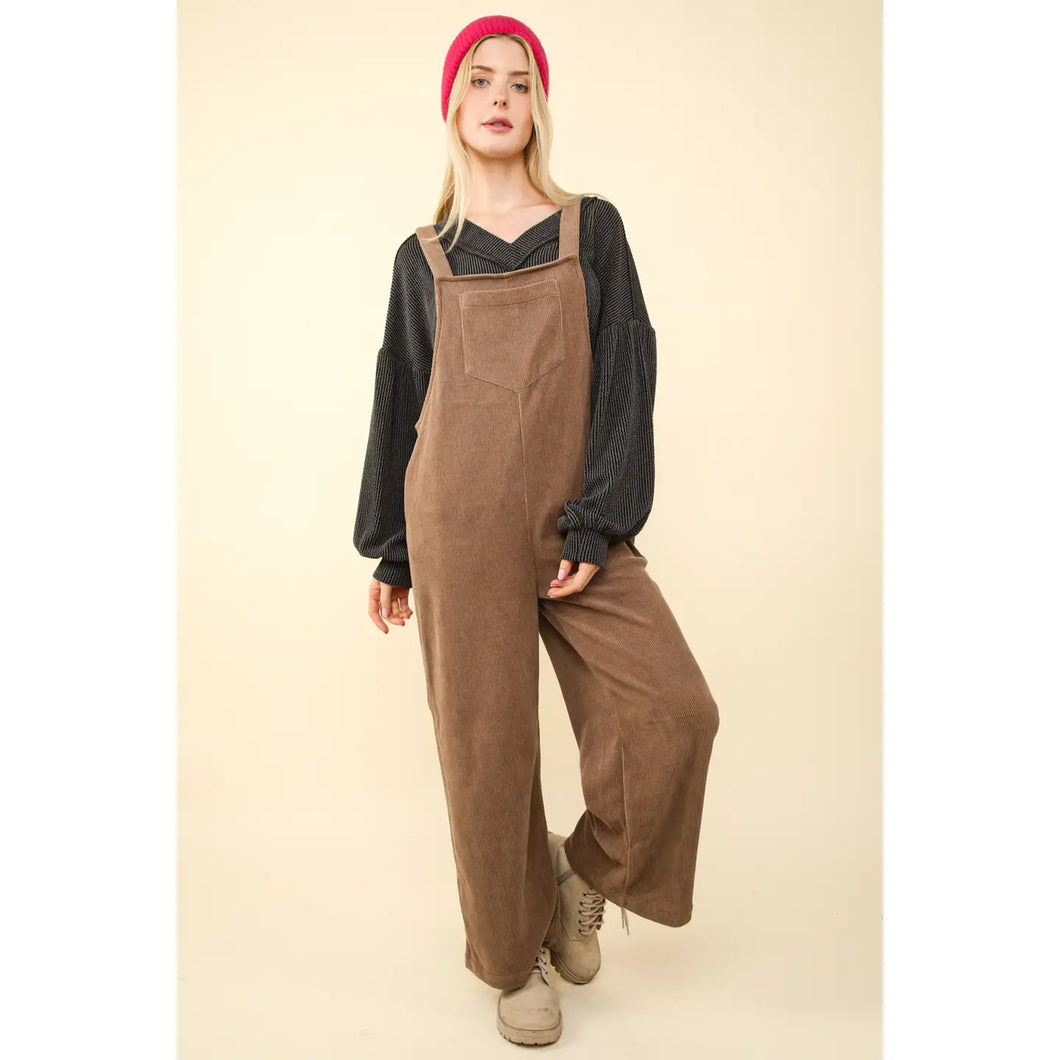 Taupe Soft Corduroy Straight Leg Overall Jumpsuit