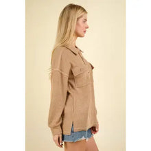 Load image into Gallery viewer, Taupe Plus Size Collared Button Down Henley Knit Top W Pockets
