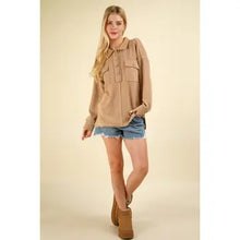 Load image into Gallery viewer, Taupe Plus Size Collared Button Down Henley Knit Top W Pockets
