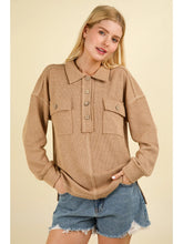 Load image into Gallery viewer, Taupe Plus Size Collared Button Down Henley Knit Top W Pockets
