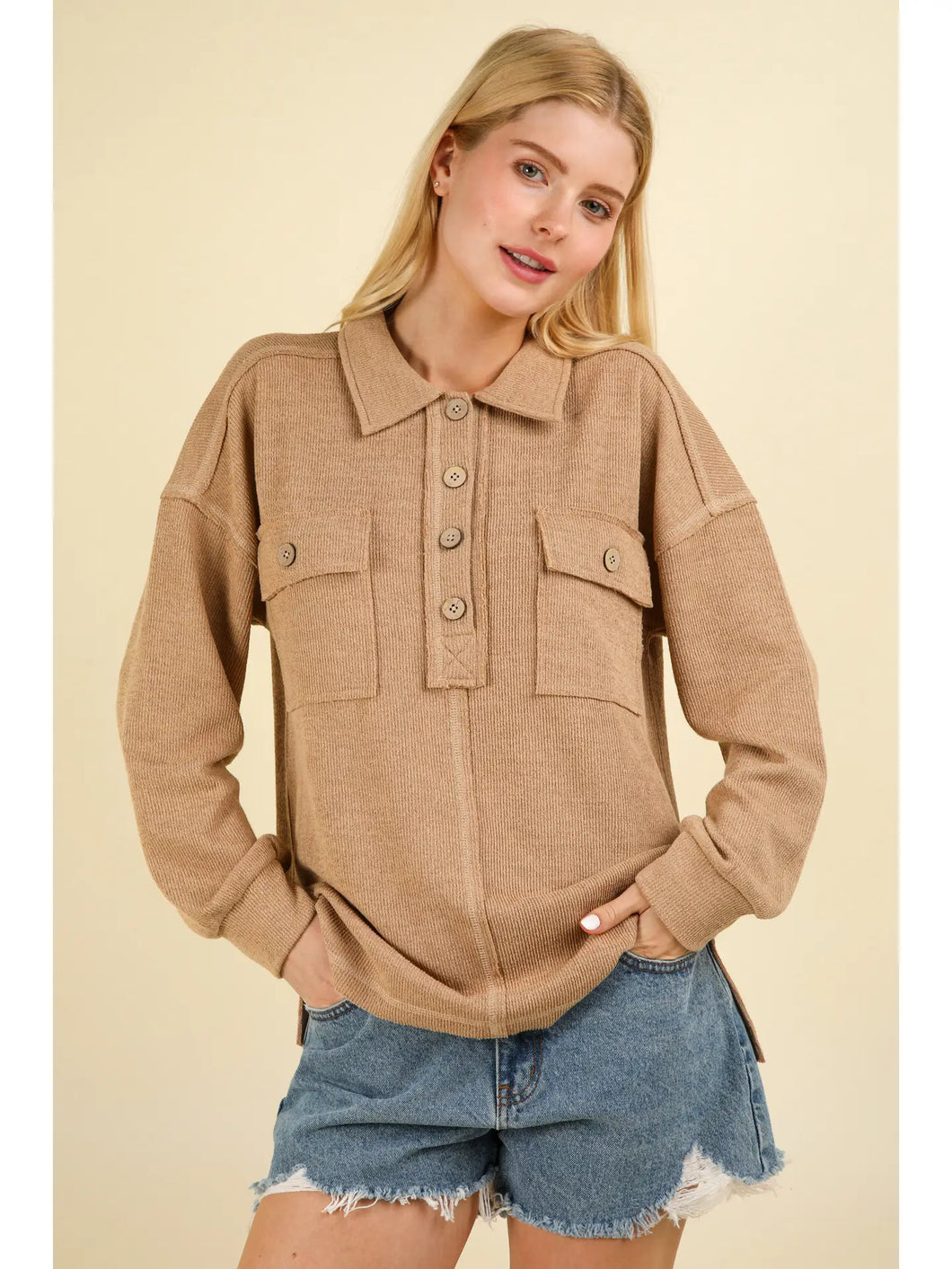 Taupe Plus Size Collared Button Down Henley Knit Top W Pockets