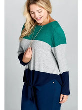 Load image into Gallery viewer, Emerald Gray and Navy Plus Size Hacci Brush Colorblock Front Knot Top
