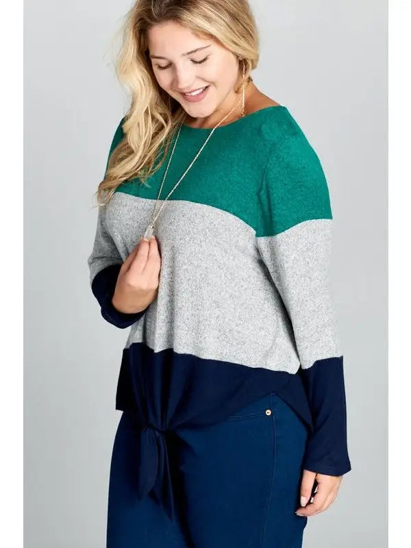 Emerald Gray and Navy Plus Size Hacci Brush Colorblock Front Knot Top