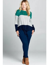 Load image into Gallery viewer, Emerald Gray and Navy Plus Size Hacci Brush Colorblock Front Knot Top
