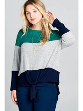 Load image into Gallery viewer, Emerald Gray and Navy Plus Size Hacci Brush Colorblock Front Knot Top
