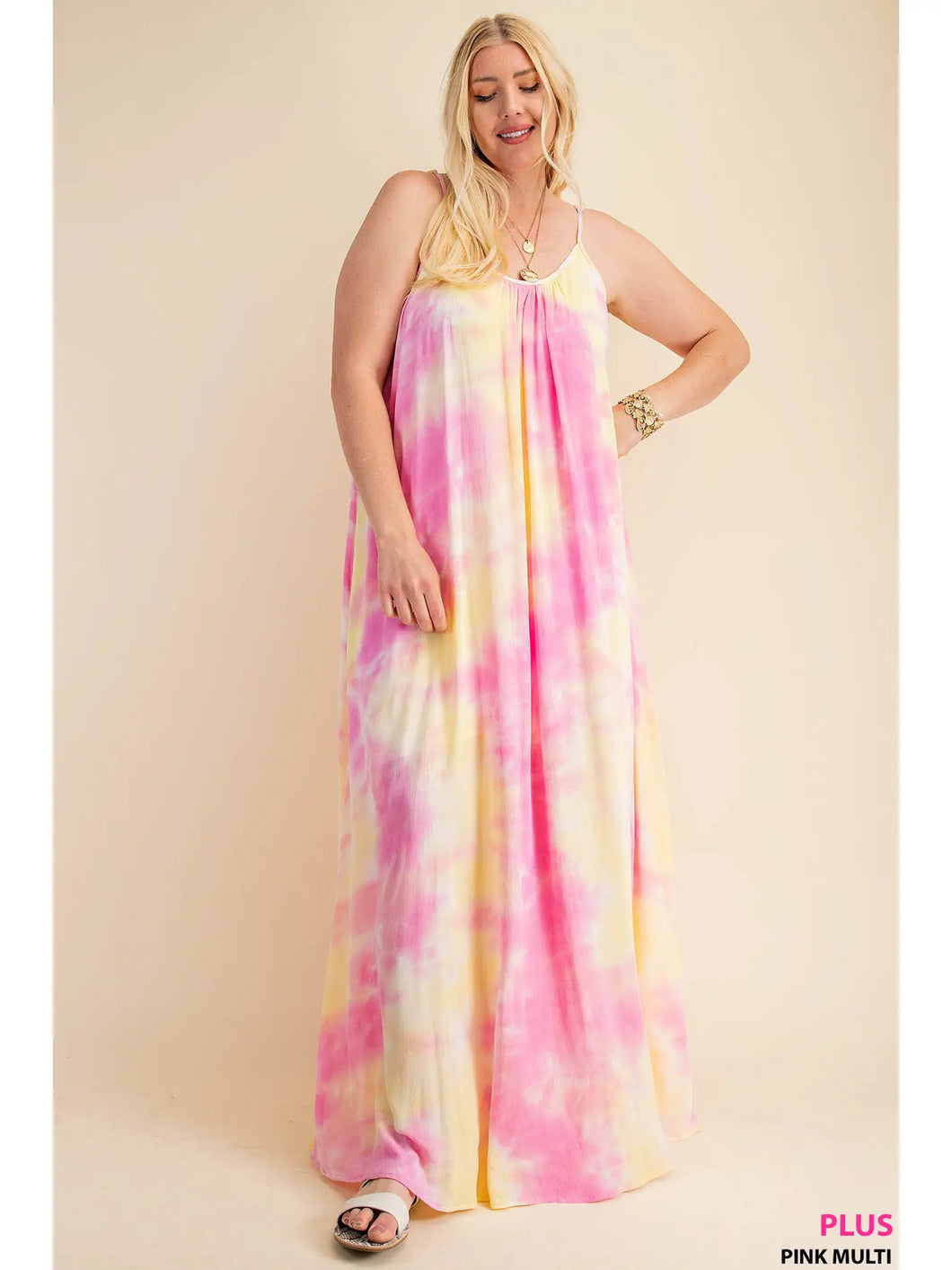 Pink and Yellow Soft Tie-Dye Fabrication Strappy Maxi Dress