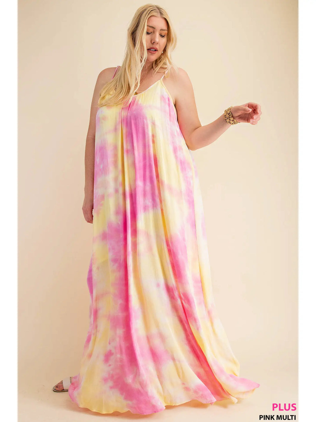 Pink and Yellow Soft Tie-Dye Fabrication Strappy Maxi Dress - Athena's Fashion Boutique