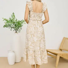 Load image into Gallery viewer, Taupe Tropical Print Ruffle Detail Midi Dress
