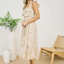 Load image into Gallery viewer, Taupe Tropical Print Ruffle Detail Midi Dress
