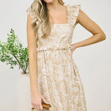 Load image into Gallery viewer, Taupe Tropical Print Ruffle Detail Midi Dress
