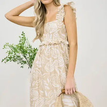 Load image into Gallery viewer, Taupe Tropical Print Ruffle Detail Midi Dress
