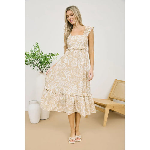 Taupe Tropical Print Ruffle Detail Midi Dress