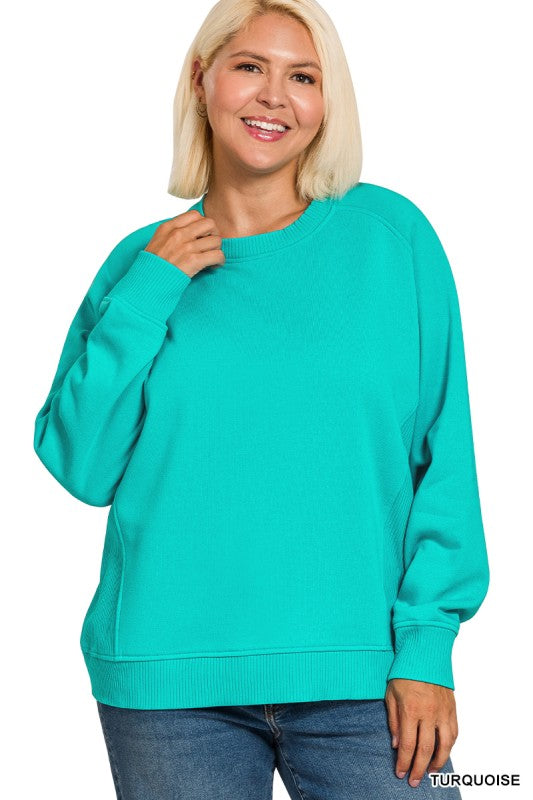 Turquoise Plus Fleece Ribbed Side Raglan Sweatshirt