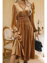 Load image into Gallery viewer, Rust Wrap V Neck Smocked High Waist Velvet Midi Dress
