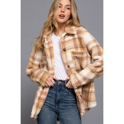 Women's Long Sleeve Button Down Oversize Plaid Faux Fur Jacket