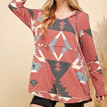 Women's Multi Print Hoodie Pullover Sweater Tunic Top
